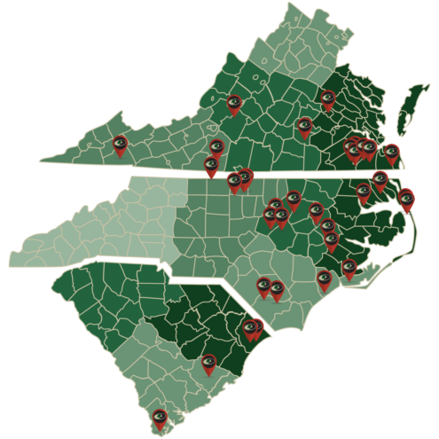 Map of Virginia, North Carolina, and South Carolina showing locations of our 34 agents